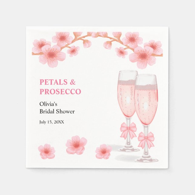 Pink Bow Floral Petals and Prosecco Bridal Shower  Napkin (Front)