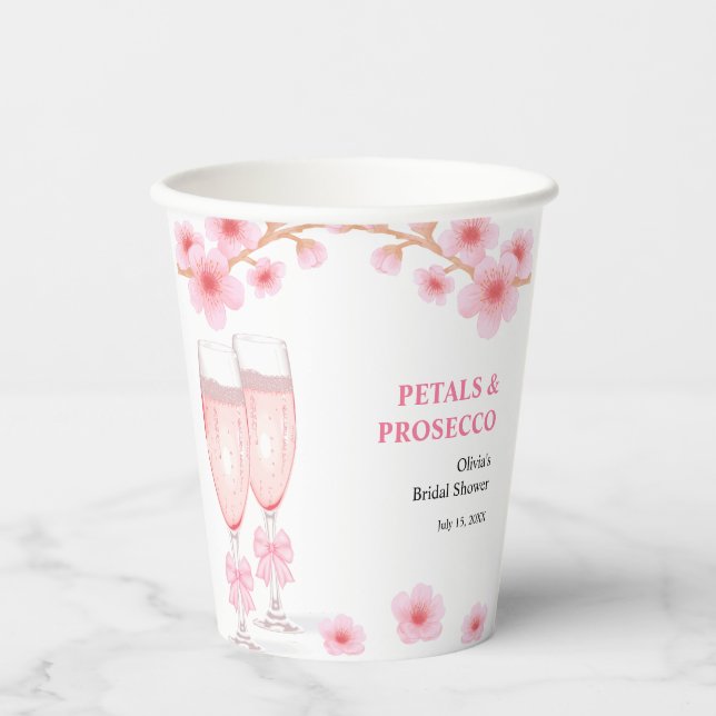 Pink Bow Floral Petals and Prosecco Bridal Shower  Paper Cups (Front)