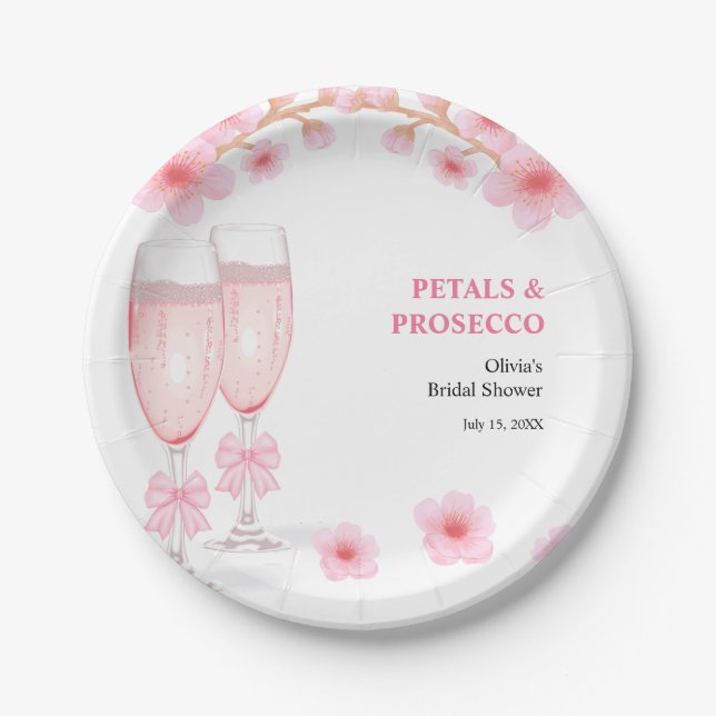Pink Bow Floral Petals and Prosecco Bridal Shower  Paper Plate (Front)
