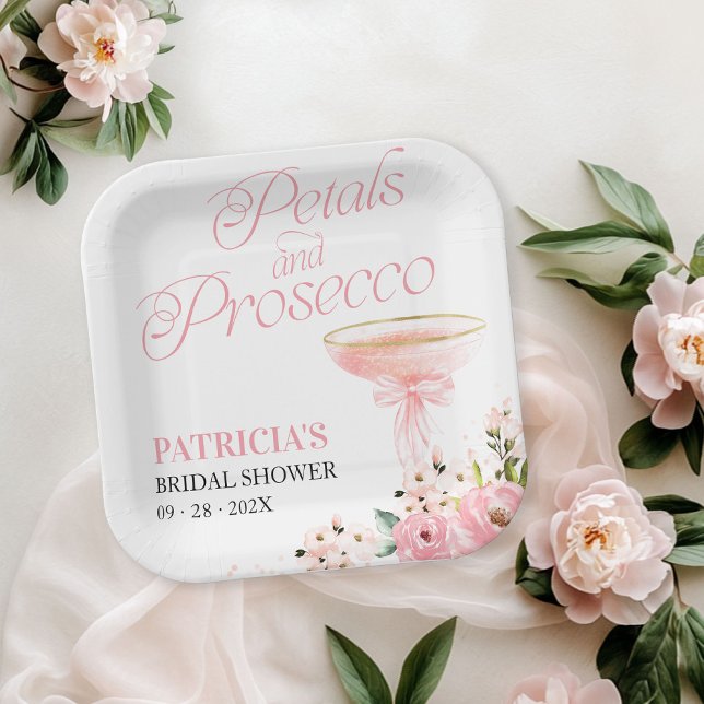 Pink Bow Floral Petals And Prosecco Bridal Shower Paper Plate (Creator Uploaded)