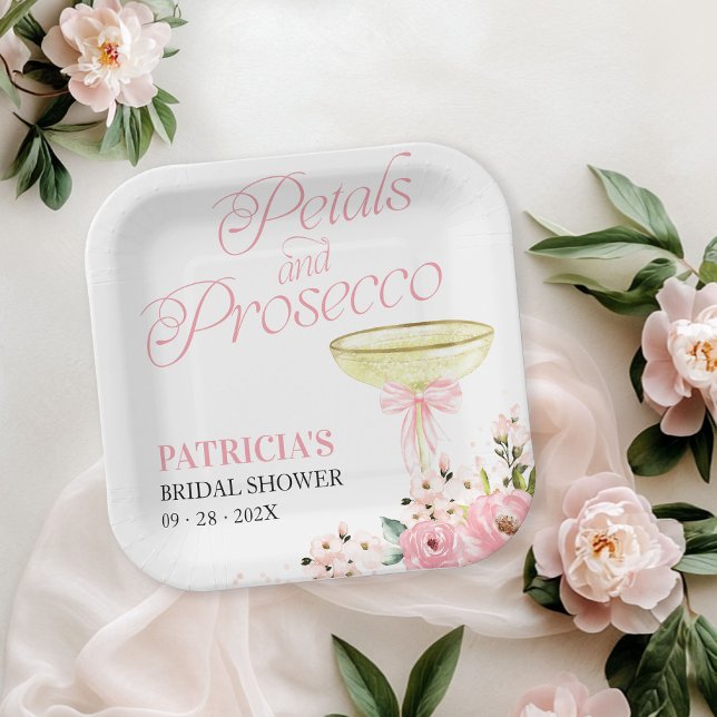 Pink Bow Floral Petals And Prosecco Bridal Shower Paper Plate (Creator Uploaded)