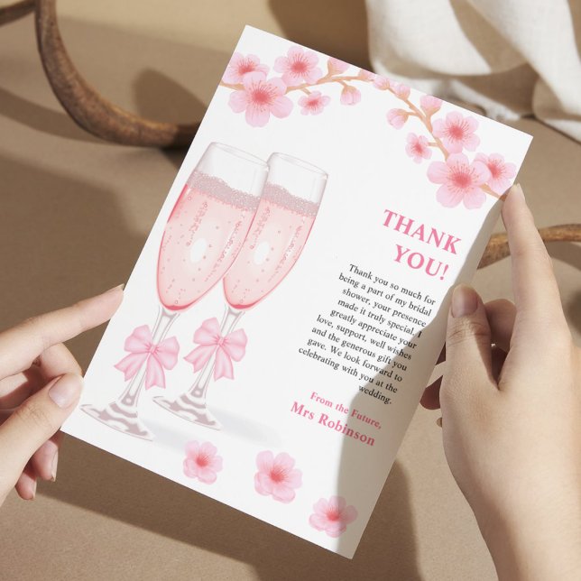 Pink Bow Floral Petals and Prosecco Bridal Shower  Thank You Card (Pink Bow Floral Petals and Prosecco Bridal Shower Thank You Card )
