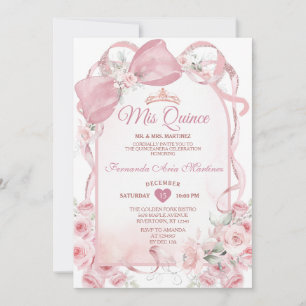 Pink Bow Floral Quinceañera Invitation