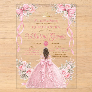 Pink Bow Floral Quinceañera Sweet 16th Birthday Acrylic Invitations
