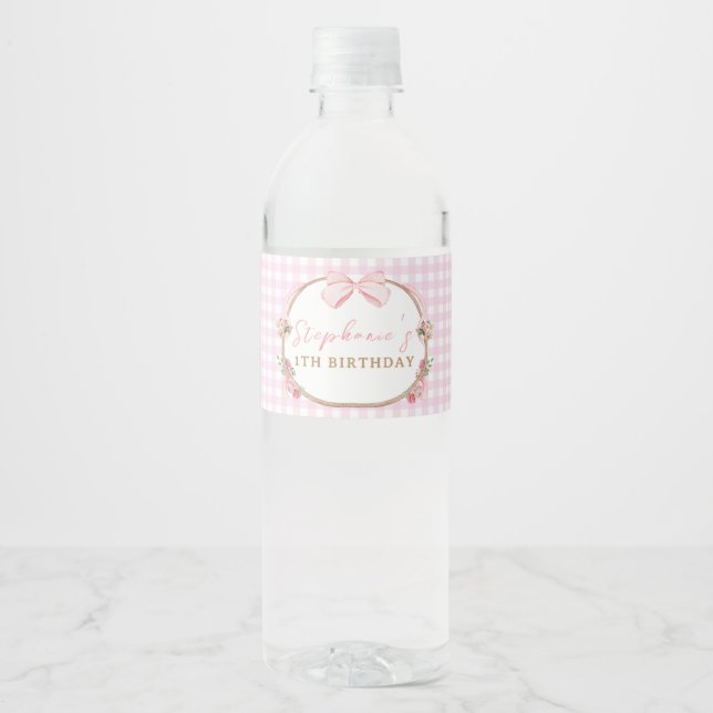 Pink Bow Floral  Rabbit First Birthday  Water Bottle Label (Front)