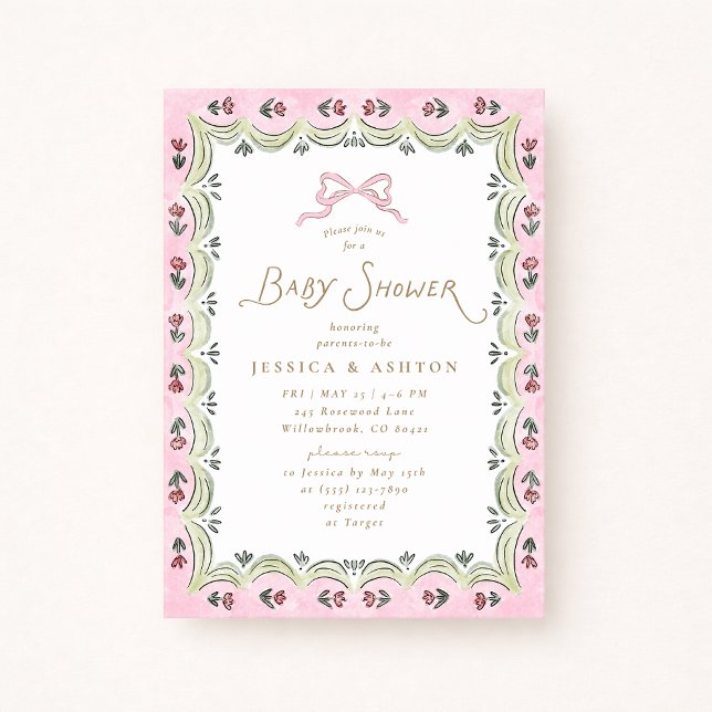 Pink Bow Floral Scalloped Frame Baby Shower  Invitation (Creator Uploaded)