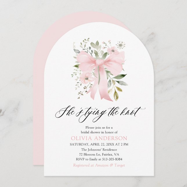Pink Bow Floral She's Tying the Knot Bridal Shower Invitation (Front/Back)
