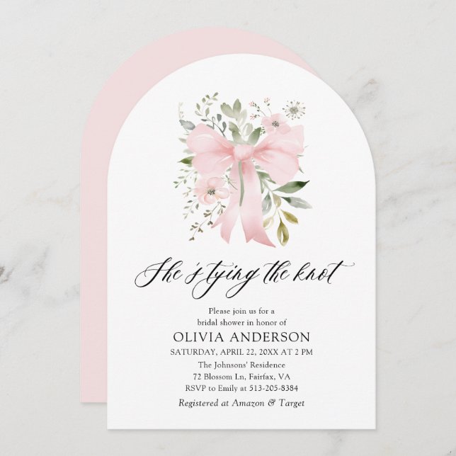 Pink Bow Floral She's Tying the Knot Bridal Shower Invitation (Front/Back)