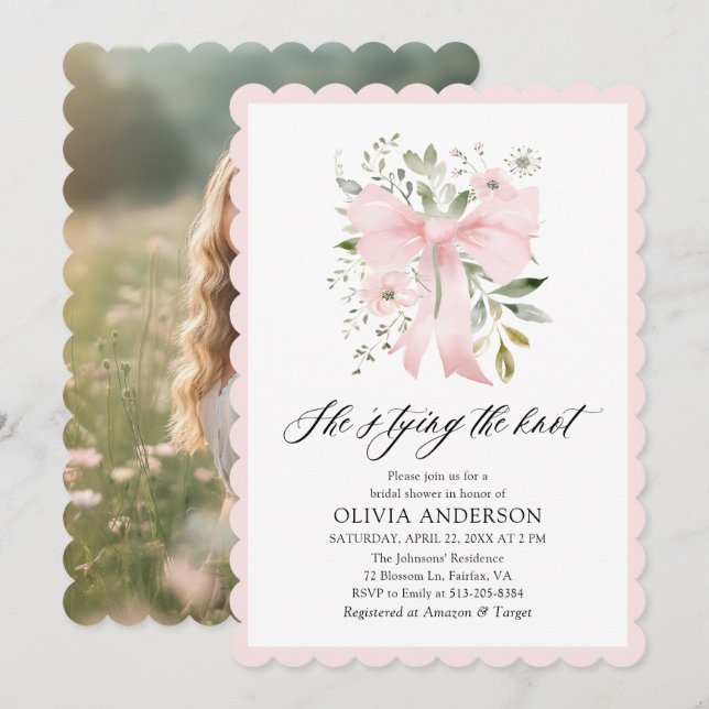 Pink Bow Floral She's Tying the Knot Bridal Shower Invitation (Front/Back)