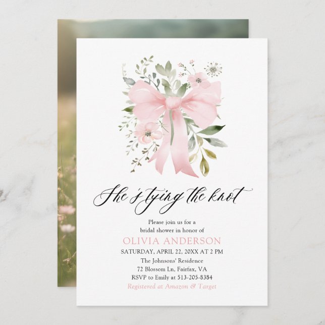 Pink Bow Floral She's Tying the Knot Bridal Shower Invitation (Front/Back)