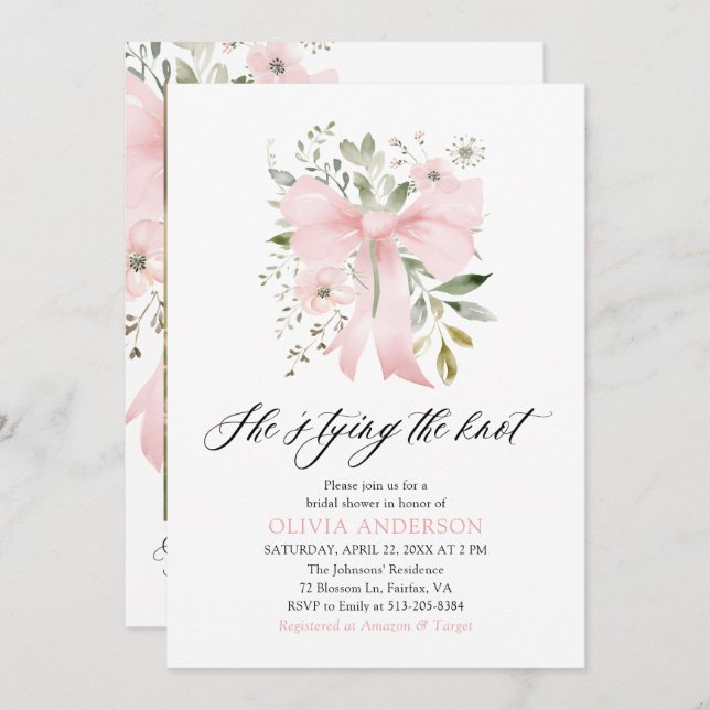 Pink Bow Floral She's Tying the Knot Bridal Shower Invitation (Front/Back)
