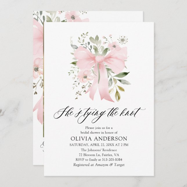 Pink Bow Floral She's Tying the Knot Bridal Shower Invitation (Front/Back)