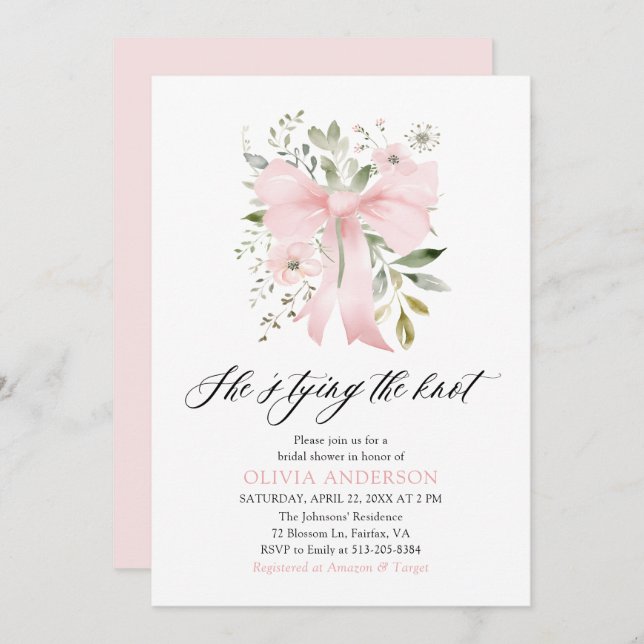 Pink Bow Floral She's Tying the Knot Bridal Shower Invitation (Front/Back)
