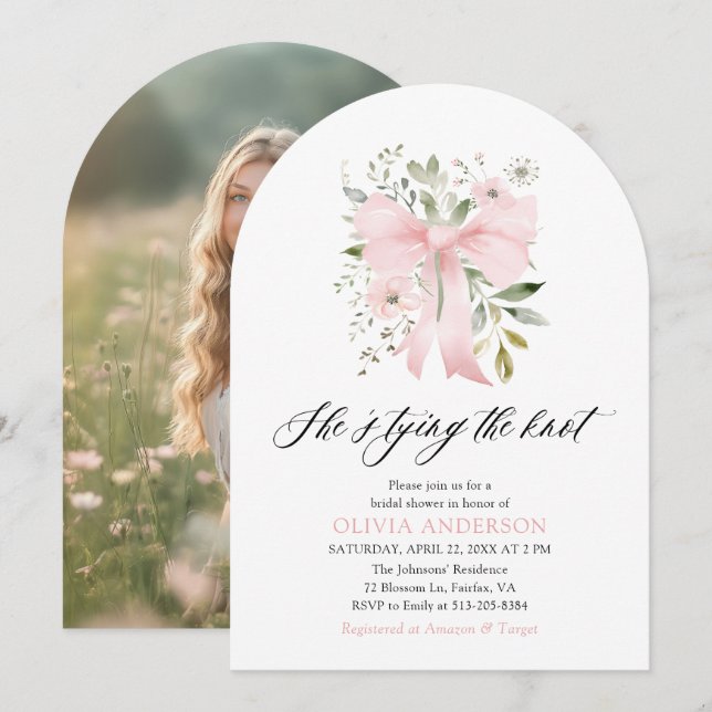 Pink Bow Floral She's Tying the Knot Bridal Shower Invitation (Front/Back)