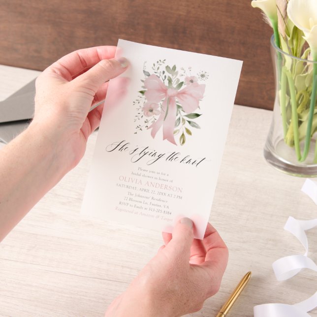 Pink Bow Floral She's Tying the Knot Bridal Shower Vellum Invitations (Handheld)