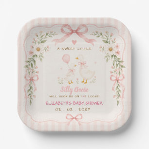 Pink Bow Floral Silly Goose Girl Baby Shower Paper Plate