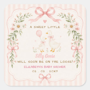 Pink Bow Floral Silly Goose Girl Baby Shower Square Sticker