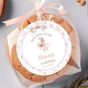 Pink Bow & Floral Some Bunny is One 1st Birthday Classic Round Sticker