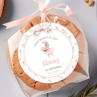 Pink Bow & Floral Some Bunny is One 1st Birthday Classic Round Sticker