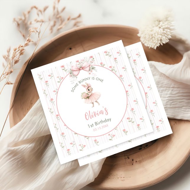 Pink Bow & Floral Some Bunny is One 1st Birthday Napkin (Creator Uploaded)