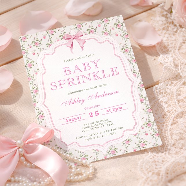 Pink Bow Floral Sprinkle Baby Shower Invitation (Creator Uploaded)