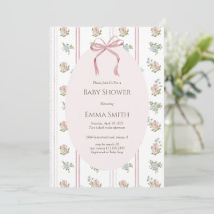 Pink Bow Floral Stripe Baby Shower Invitation