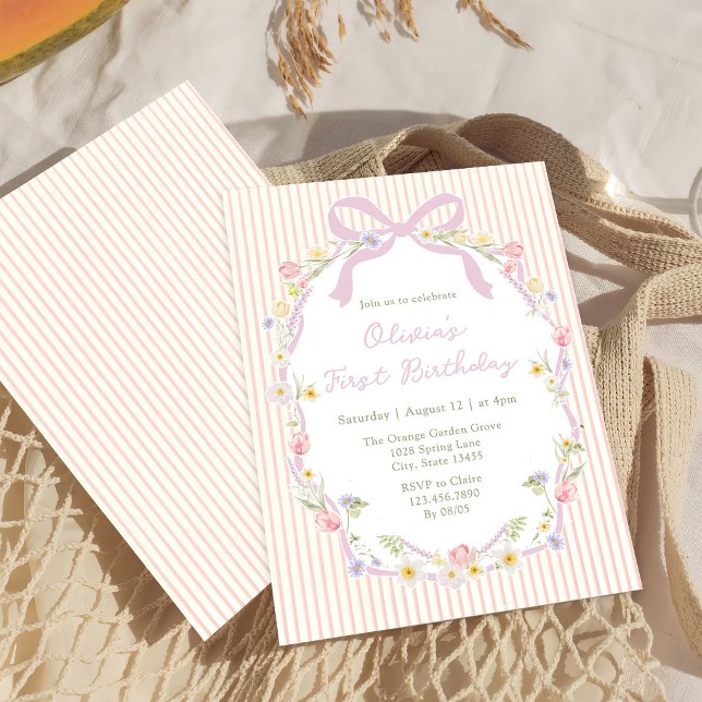 Pink Bow Floral Stripes Birthday Invitation (Creator Uploaded)