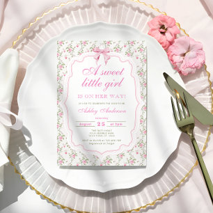 Pink Bow Floral Sweet Little Girl Baby Shower Invitation