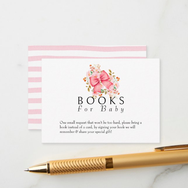 Pink Bow Floral watercolor baby shower Enclosure Card (Front/Back In Situ)