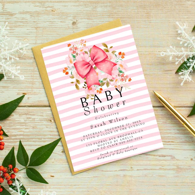 Pink Bow Floral watercolor baby shower invitation (Creator Uploaded)