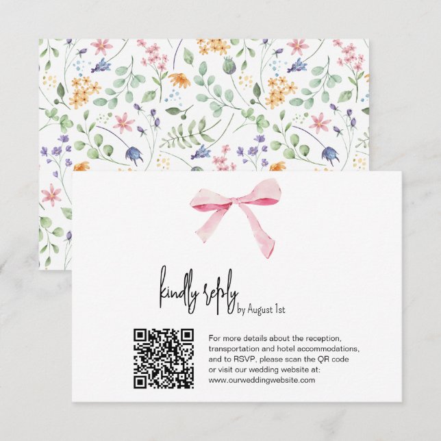 Pink Bow floral Wedding digital RSVP Card Qr code (Front/Back)