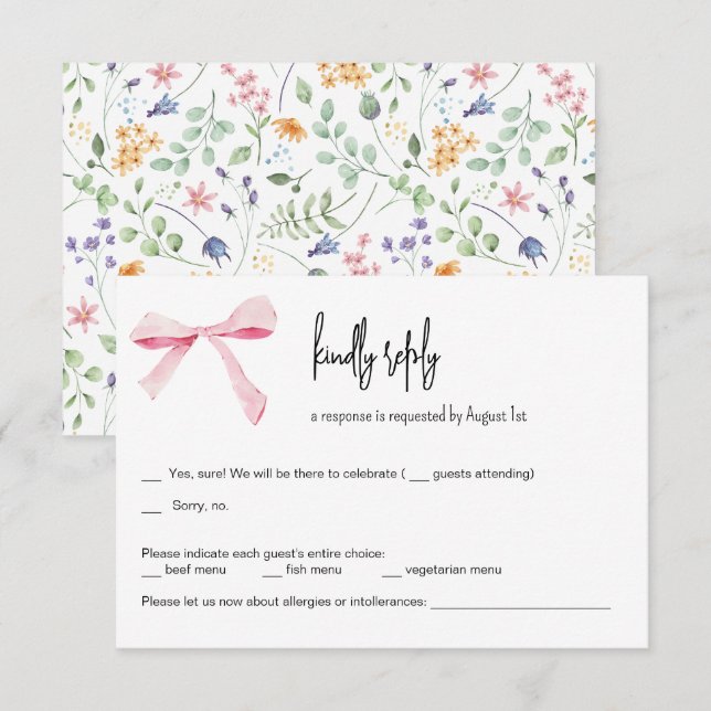 Pink Bow floral Wedding RSVP Card (Front/Back)