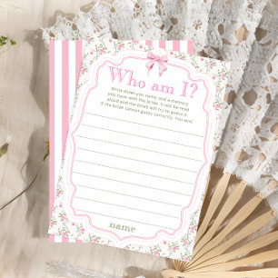 Pink Bow Floral Who Am I Bridal Shower Game Card