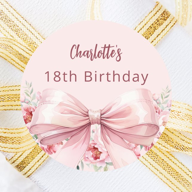 Pink bow florals birthday favours classic round sticker (Creator Uploaded)