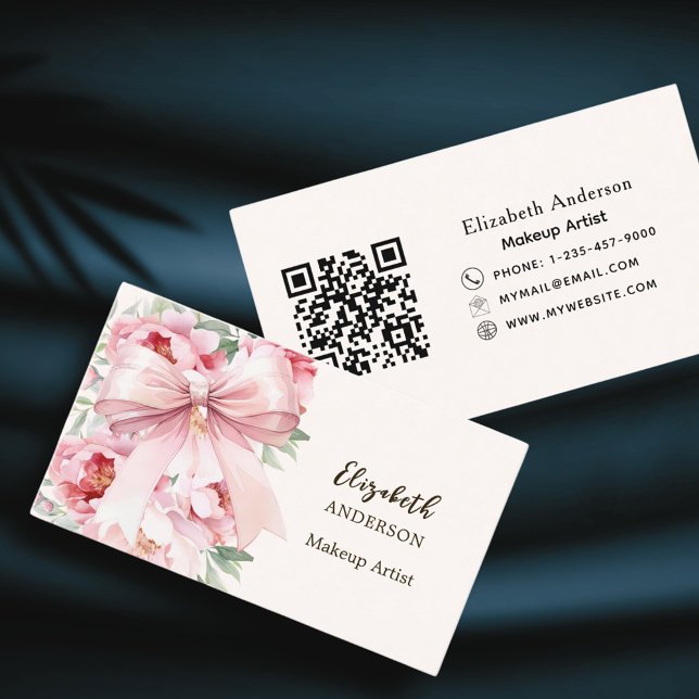 Pink bow florals flowers beige cream qr code business card (Creator Uploaded)