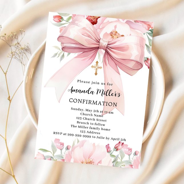 Pink bow florals girl Confirmation Invitation (Creator Uploaded)