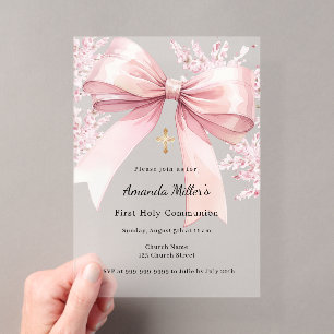 Pink Bow Florals Girl Luxury First Communion Acrylic Invitations
