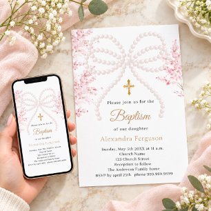 Pink bow florals pearls girl Baptism Invitation