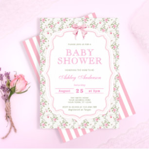 Pink Bow Flow Floral Baby Shower Invitation