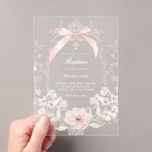 pink bow flowers frame Baptism Acrylic Invitations