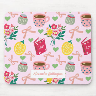 Pink bow flowers handrawing lemon pattern trendy mouse mat