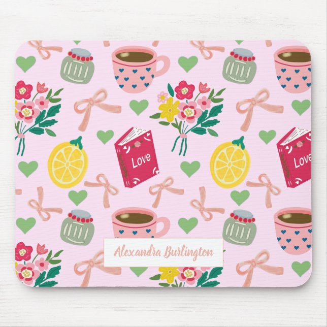 Pink bow flowers handrawing lemon pattern trendy mouse mat (Front)