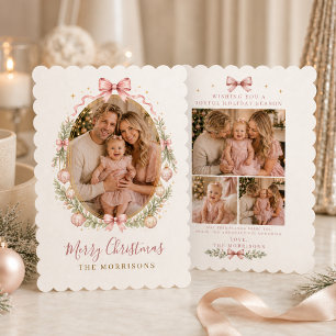 Pink Bow Four Photo Christmas Family Holiday Card