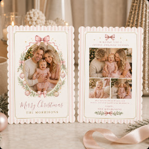Pink Bow Four Photo Christmas Family Holiday Card