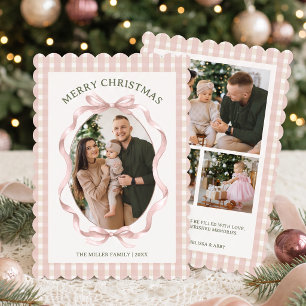Pink Bow Four Photo Gingham Christmas Holiday Card