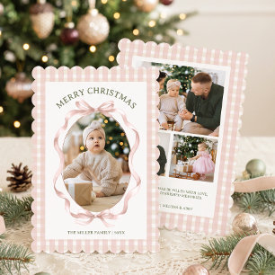 Pink Bow Four Photo Vintage Gingham Christmas Holiday Card