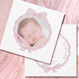pink bow frame Baptism thank you card
