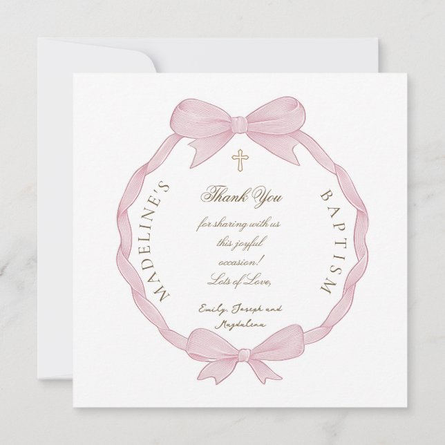 pink bow frame Baptism thank you card (Back)