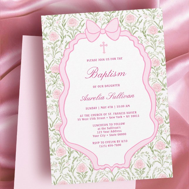 Pink Bow Frame Roses Baptism Invitation (Creator Uploaded)