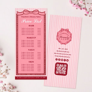 Pink Bow Frame Striped Salon Price List Card